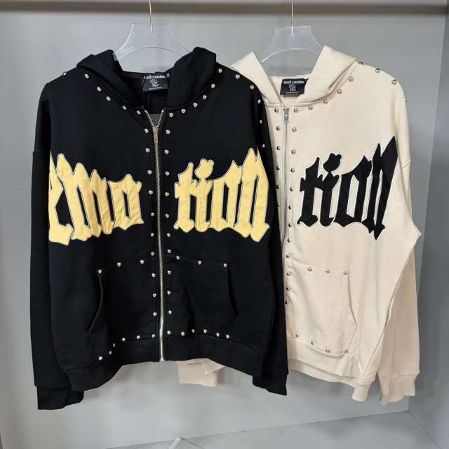 Gothic Letter Patch & Metal Rivets Full Zip Hoodie 2 colors 29107708