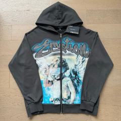 Wreath Blindfolded Cupid Rhinestone Zipper Print Washed Hoodie 29116528