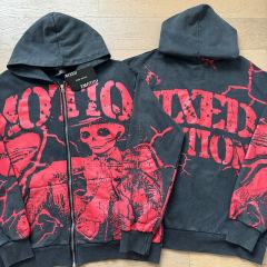 Crack Red Skull Zombie Zipper Print Washed Hoodie 29116526