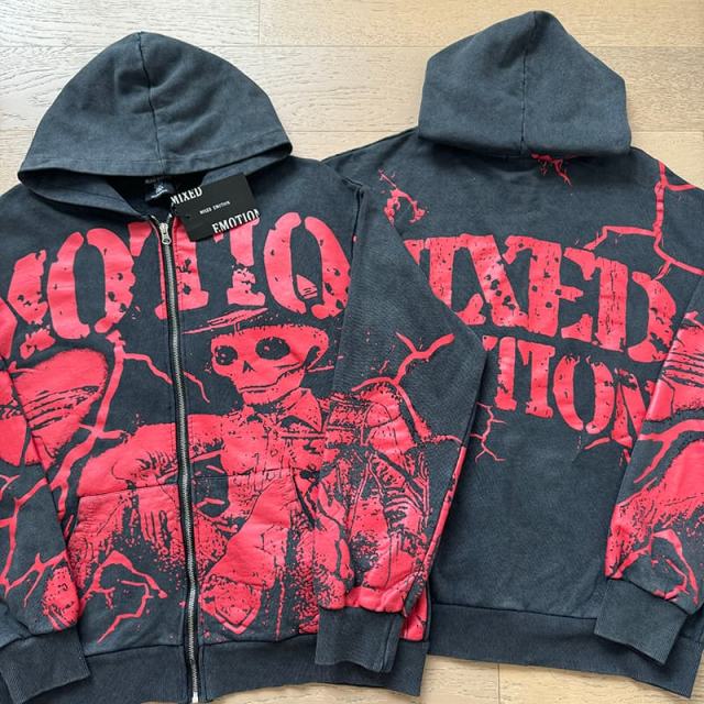 Crack Red Skull Zombie Zipper Print Washed Hoodie 29116526