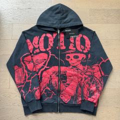 Crack Red Skull Zombie Zipper Print Washed Hoodie 29116526