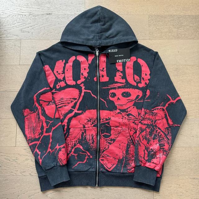 Crack Red Skull Zombie Zipper Print Washed Hoodie 29116526