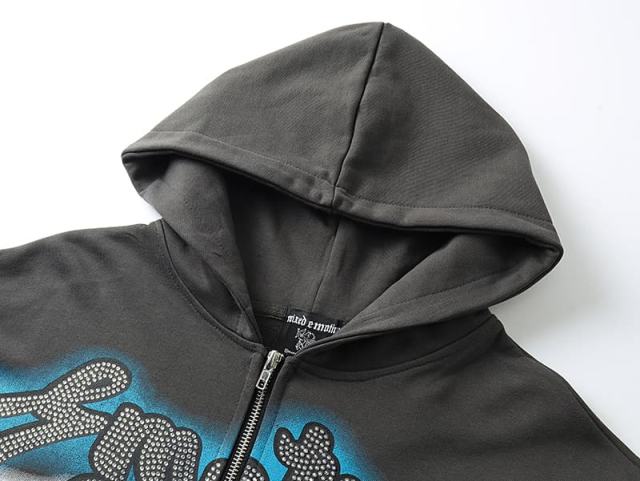 Wreath Blindfolded Cupid Rhinestone Zipper Print Washed Hoodie 29116528