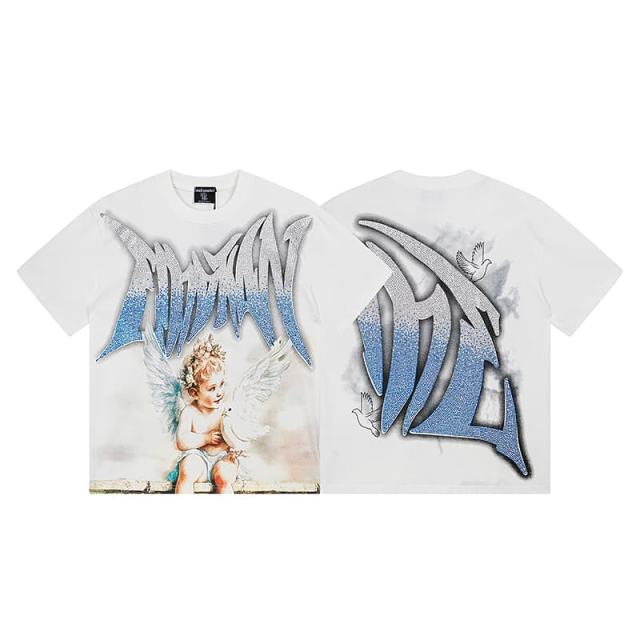 Dove Angel Gradient Rhinestone Print Washed Tee 2 colors 29105639