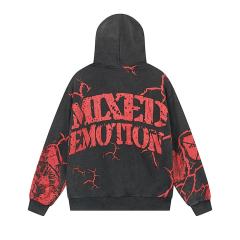 Crack Red Skull Zombie Zipper Print Washed Hoodie 29116526