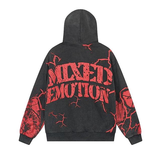 Crack Red Skull Zombie Zipper Print Washed Hoodie 29116526
