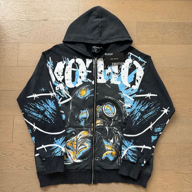 Gas Mask Wasteland Style Zipper Print Washed Hoodie 29116525