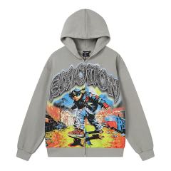 Vintage Skateboard Boy Rhinestone Zipper Print Washed Hoodie 29116527