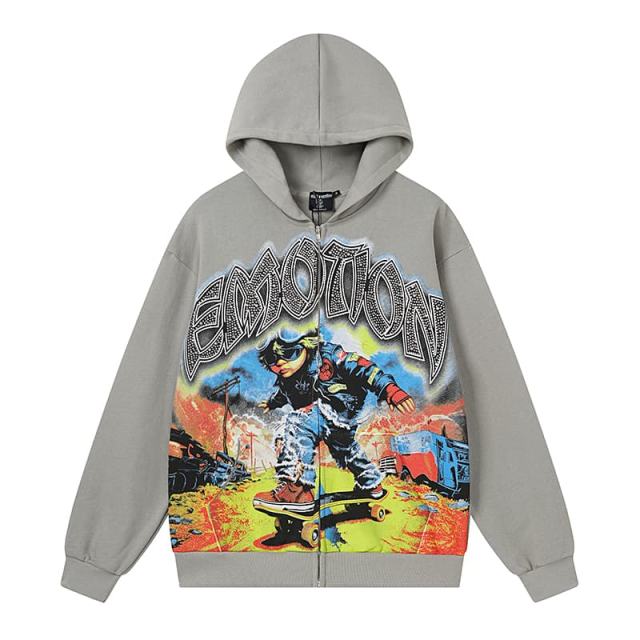 Vintage Skateboard Boy Rhinestone Zipper Print Washed Hoodie 29116527