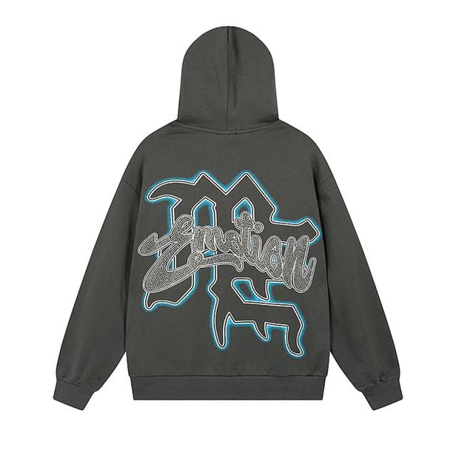 Wreath Blindfolded Cupid Rhinestone Zipper Print Washed Hoodie 29116528