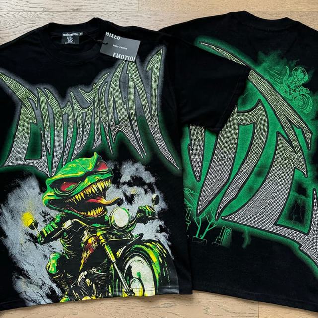 Motorcycle Lizard Monster Rhinestone Print Washed Tee 29105649