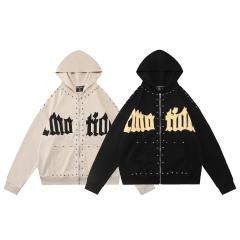 Gothic Letter Patch & Metal Rivets Full Zip Hoodie 2 colors 29107708