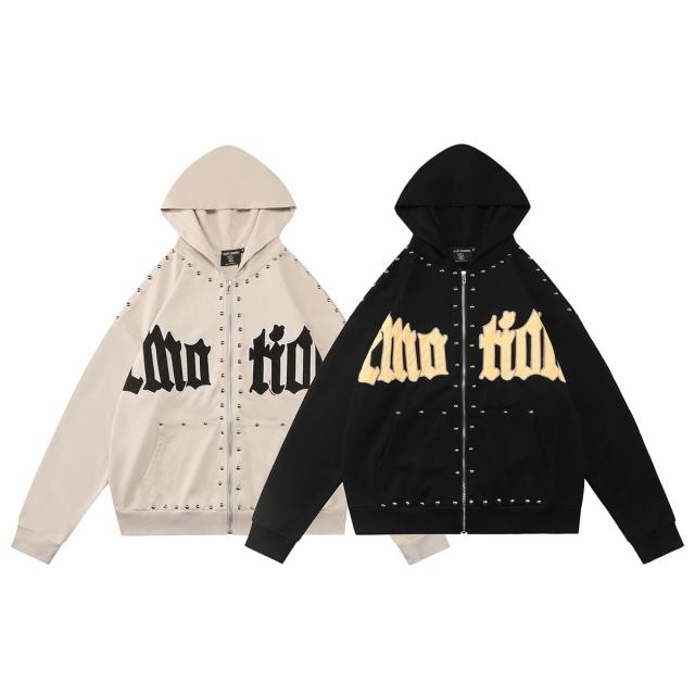Gothic Letter Patch & Metal Rivets Full Zip Hoodie 2 colors 29107708