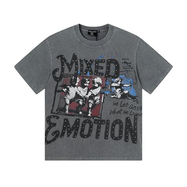 Gray Tone Cross Three Angels Rhinestone Print Washed Tee 29105645