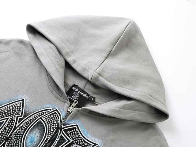 Vintage Skateboard Boy Rhinestone Zipper Print Washed Hoodie 29116527