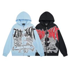 Angel Thorn Gothic Rhinestone Zipper Print Washed Hoodie 2 colors 29116530