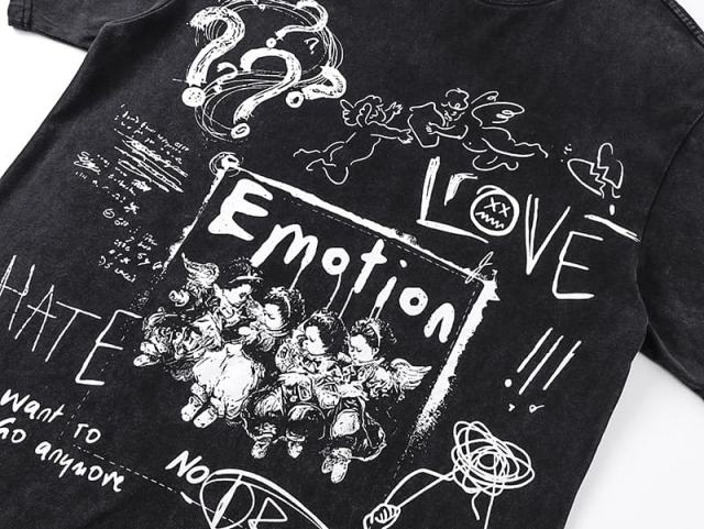 Black And White Graffiti Four Angels Print Washed Tee 29105636