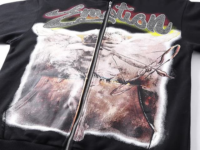 Archery Angel Oil Painting Rhinestone Zipper Print Washed Hoodie 29116529