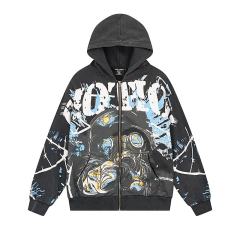 Gas Mask Wasteland Style Zipper Print Washed Hoodie 29116525