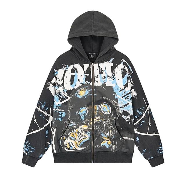 Gas Mask Wasteland Style Zipper Print Washed Hoodie 29116525