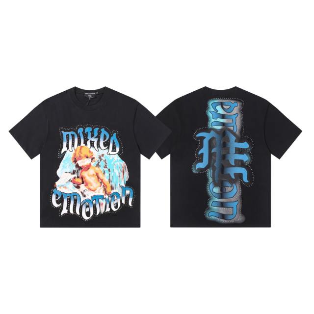Bandage-blindfolded angel gradient Gothic diamond-studded T-shirt 2 colors 29069184