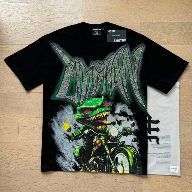 Motorcycle Lizard Monster Rhinestone Print Washed Tee 29105649