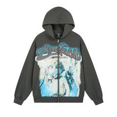 Wreath Blindfolded Cupid Rhinestone Zipper Print Washed Hoodie 29116528