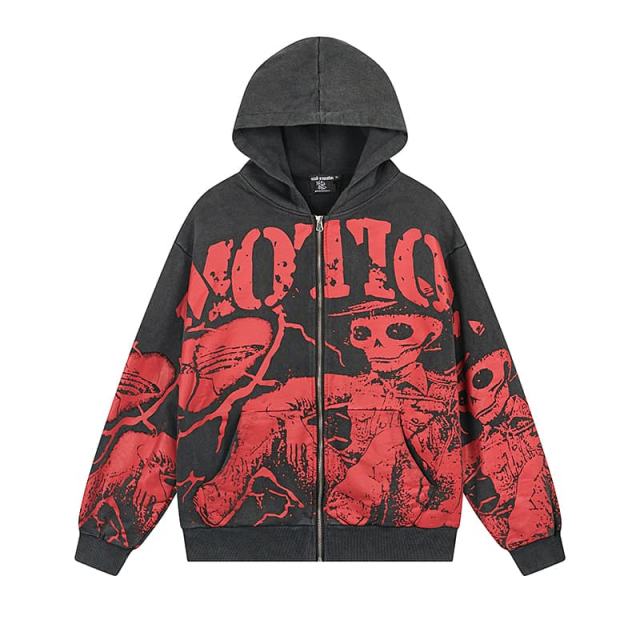 Crack Red Skull Zombie Zipper Print Washed Hoodie 29116526