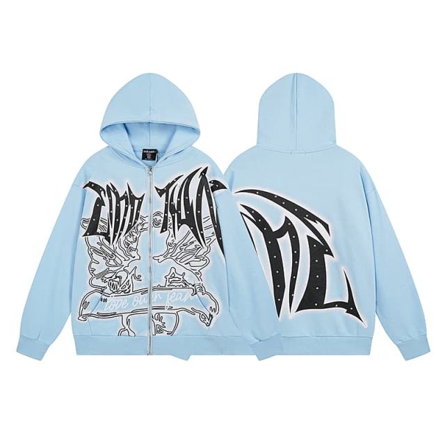 Angel Thorn Gothic Rhinestone Zipper Print Washed Hoodie 2 colors 29116530
