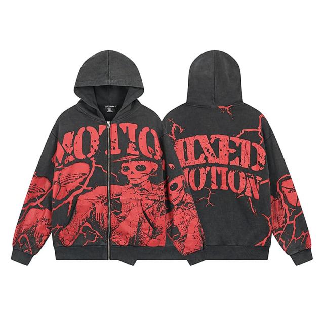 Crack Red Skull Zombie Zipper Print Washed Hoodie 29116526