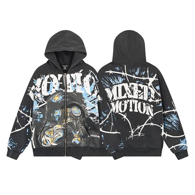 Gas Mask Wasteland Style Zipper Print Washed Hoodie 29116525