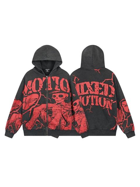Crack Red Skull Zombie Zipper Print Washed Hoodie 29116526