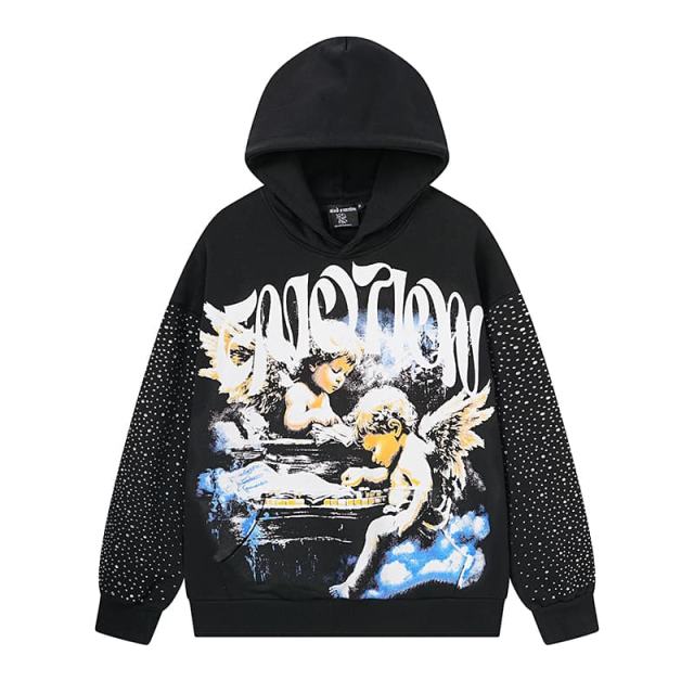 Cloud Piano Double Angel Rhinestone Print Washed Hoodie 29116524