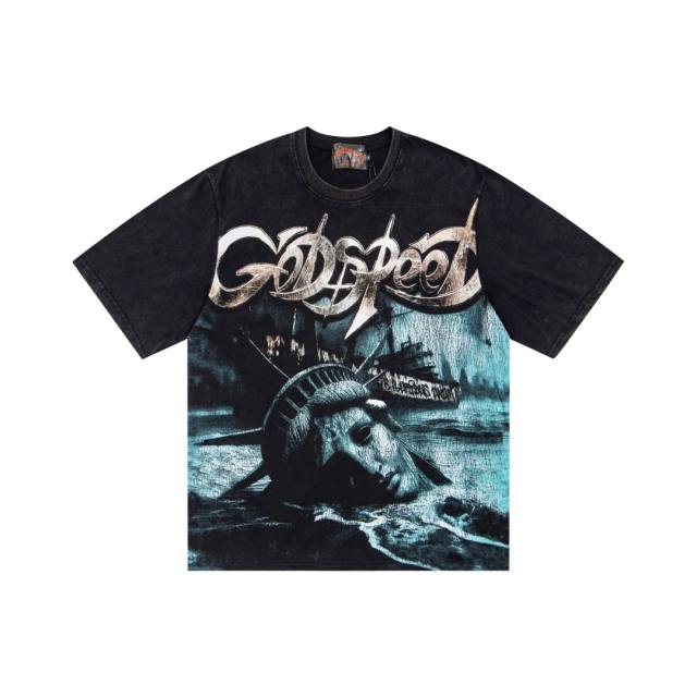 Vintage doomsday ruins submerged Statue of Liberty cracked slogan distressed T-shirt 29053411