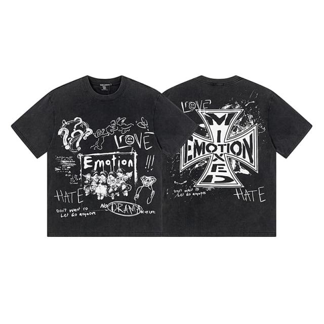 Black And White Graffiti Four Angels Print Washed Tee 29105636