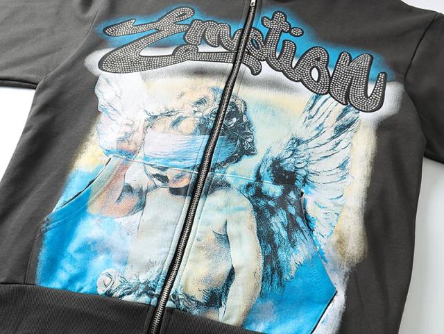 Wreath Blindfolded Cupid Rhinestone Zipper Print Washed Hoodie 29116528