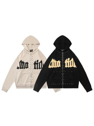 Gothic Letter Patch & Metal Rivets Full Zip Hoodie 2 colors 29107708