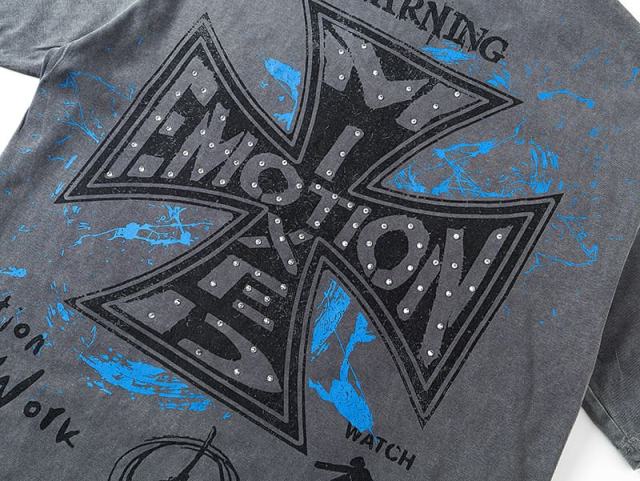 Gray Tone Cross Three Angels Rhinestone Print Washed Tee 29105645