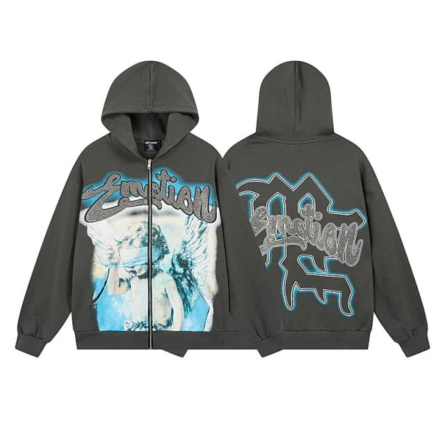 Wreath Blindfolded Cupid Rhinestone Zipper Print Washed Hoodie 29116528