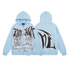 Angel Thorn Gothic Rhinestone Zipper Print Washed Hoodie 2 colors 29116530