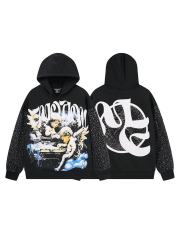 Cloud Piano Double Angel Rhinestone Print Washed Hoodie 29116524