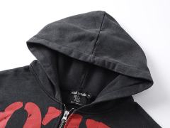 Crack Red Skull Zombie Zipper Print Washed Hoodie 29116526