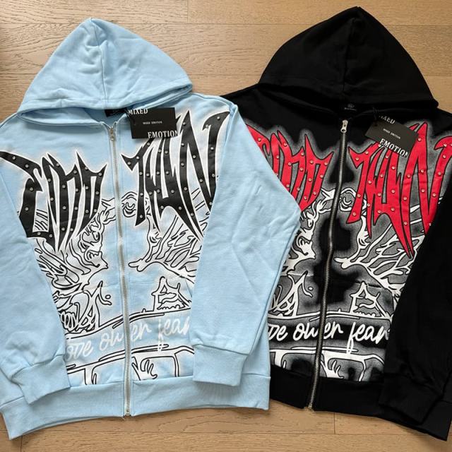 Angel Thorn Gothic Rhinestone Zipper Print Washed Hoodie 2 colors 29116530