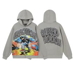 Vintage Skateboard Boy Rhinestone Zipper Print Washed Hoodie 29116527
