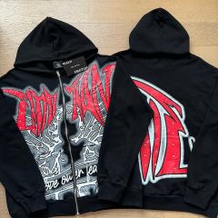 Angel Thorn Gothic Rhinestone Zipper Print Washed Hoodie 2 colors 29116530
