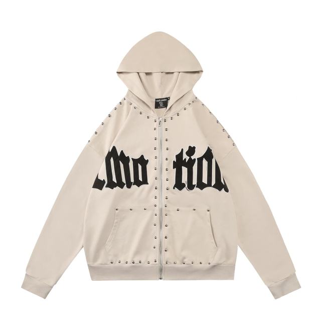 Gothic Letter Patch & Metal Rivets Full Zip Hoodie 2 colors 29107708