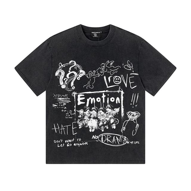 Black And White Graffiti Four Angels Print Washed Tee 29105636