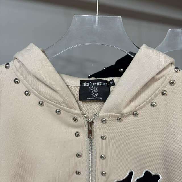 Gothic Letter Patch & Metal Rivets Full Zip Hoodie 2 colors 29107708