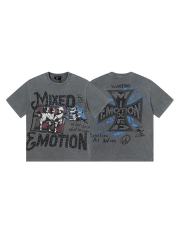 Gray Tone Cross Three Angels Rhinestone Print Washed Tee 29105645
