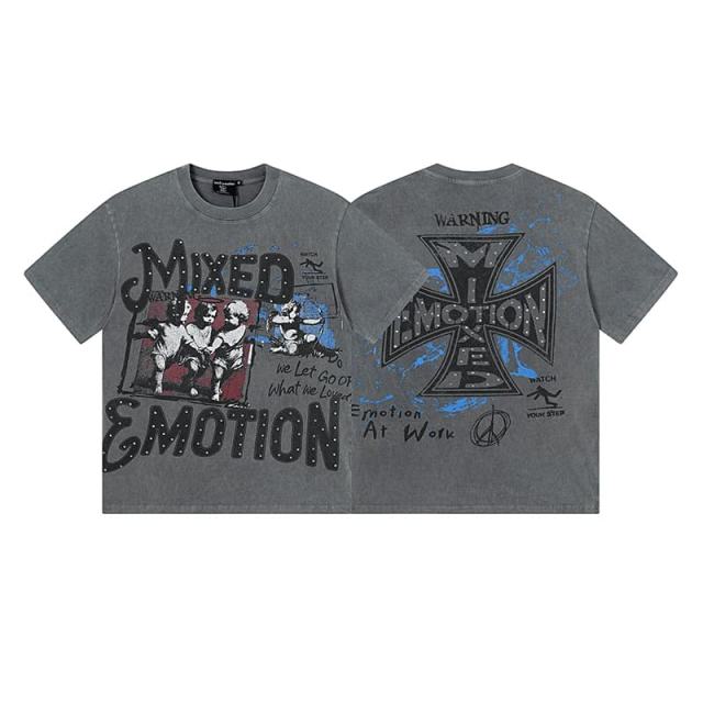 Gray Tone Cross Three Angels Rhinestone Print Washed Tee 29105645